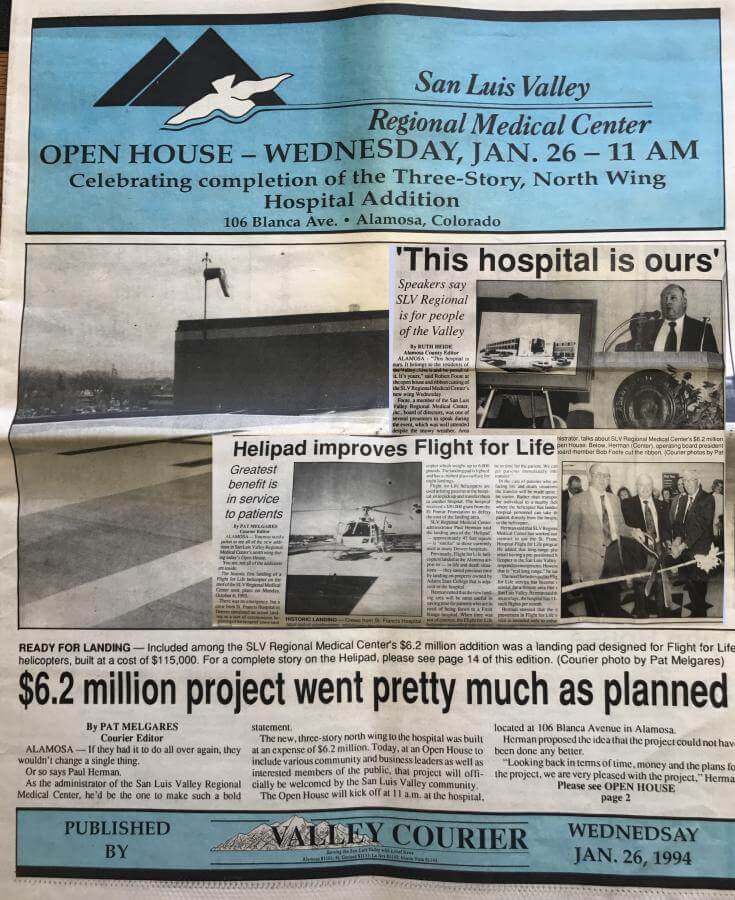 1994 Valley Courier publishing of San Luis Valley Regional Medical Center open house after construction of three story north wing and landing pad