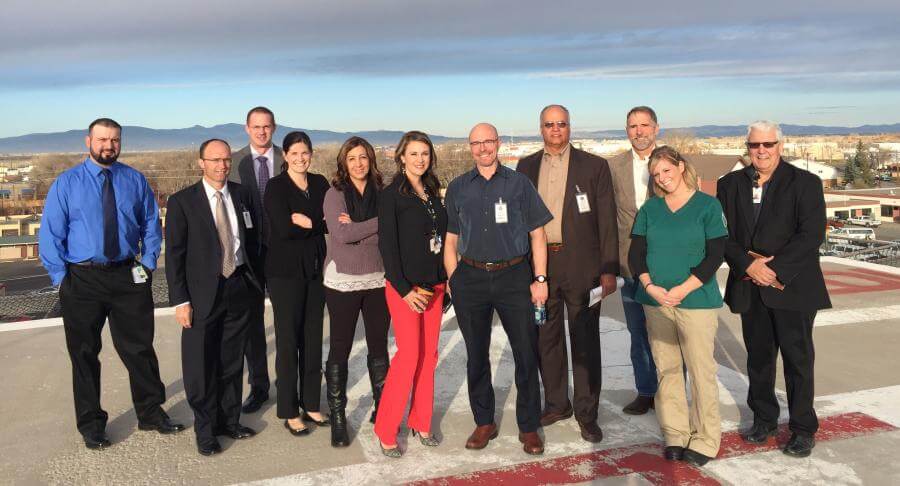 From Left to Right: Darrick Garcia, (student nurse), Dr. Keyan Riley (Trauma Surgeon from Memorial North, John Recicar (Trauma Program Manager from Children’s Hospital) Dr. Edgerly-Gibb (SLV Health ED Medical Director), Julie Ramstetter (RN, Trauma Coordinator), Kiley Gibbs (RN, SLVH ER Director), Martin Duffy (Trauma System Specialist from CDPHE), Dr. Walter West (St. Mary Corwin ED Physician), Dr. Marshall (MD, SLV Health), Kristen Capozzoli (student nurse) and Mike Archuleta (Trauma Outreach Coordinator for Centura Health)