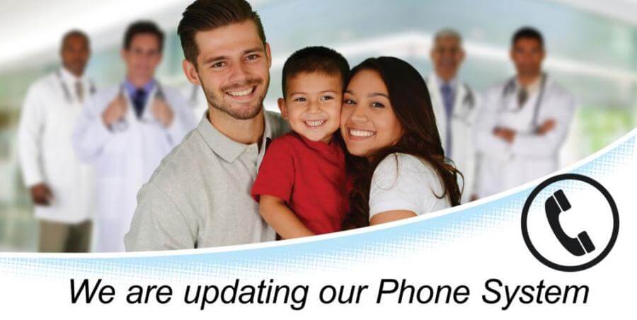 We Are Updating Our Phone System text with happy family hugging