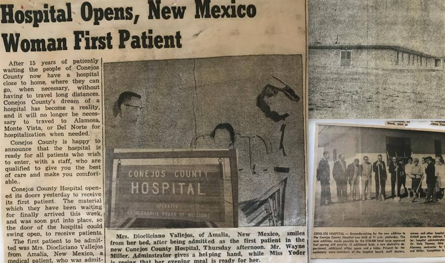 Conejos County Hospital Opens in 1963, article featuring the Hospital's first patient(left) and groundbreaking for an addition in 1966 (right, bottom)