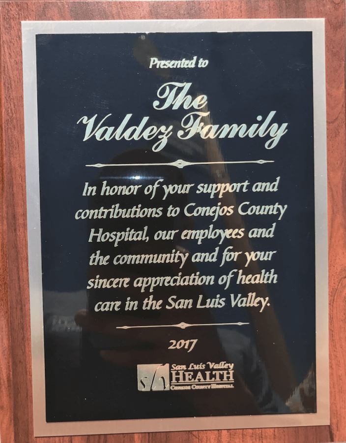 Award presented to the Valdez Family from San Luis Valley Health, Conejos County Hospital